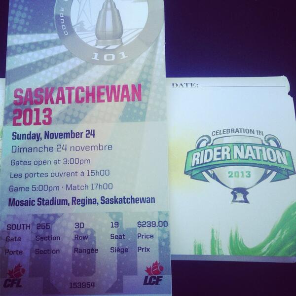 -Sask bound! What a game it's going to be sitting in the sea of green! Let's go riders!!