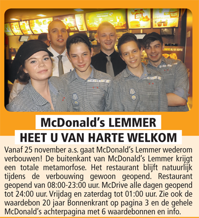 Ook tijdens de verbouwing van Mc Donald’s #Lemmer bent u van harte welkom! Kijk op pagina 3 en 8 van de #Bonnenkrant