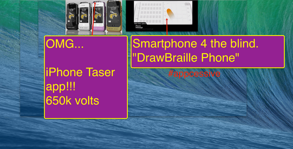 Appcessive's tweet image. 2 Killer Apps = #iPhone Taser VIDEO ➜ vimeo.com/44116436  Braille #smartphone youtube.com/watch?v=42MXbW… #fma