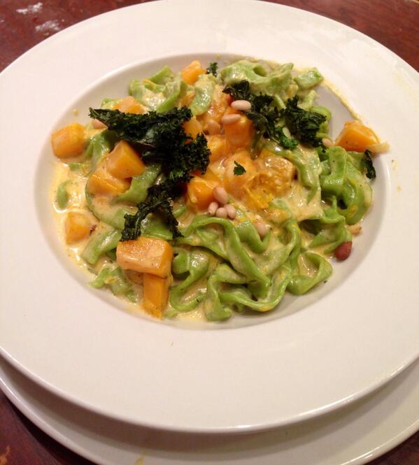Special tonight: Handmade Kale pasta with butternut squash in a cream sauce.