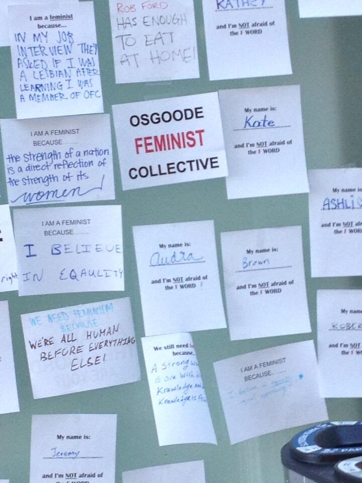 photo of posters describing "why i am a feminist" up at the law school