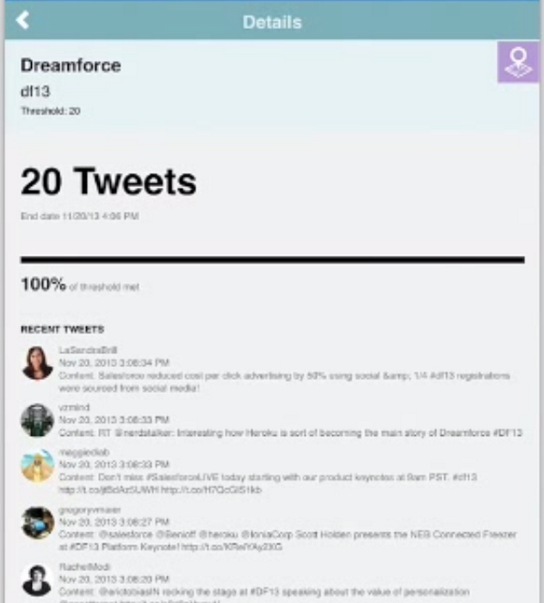 danieljpeter's tweet image. blacksmith, a #df13 #salesforcehack from team @PalantirTech uses a simple concept of hashtag threshold campaigns.