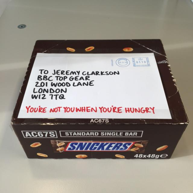 LewisDavey1's tweet image. Quick thinking from Snickers after Jeremy Clarkson's suspension #TopGear #ReactivePR