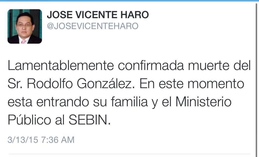 NTN24ve's tweet photo. #URGENTE El preso político Rodolfo Gonzales "El Aviador" habría fallecido en el SEBIN, reporta @JOSEVICENTEHARO http://t.co/ZSG7rlzLvJ