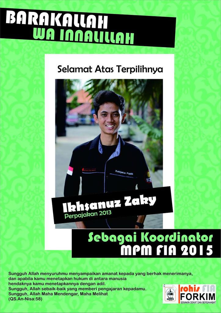 Selamat atas terpilihnya <a href="/ikhsanuzzaky/">Ikhsanuz Zaky</a> sbg Koordinator MPM FIA 2015. Semoga amanah!
<a href="/forkim_ub/">#RohisFIA</a> <a href="/BEMFIAUB/">BEM FIA UB</a> <a href="/mpmfia2014/">MPM FIA 2014</a>
