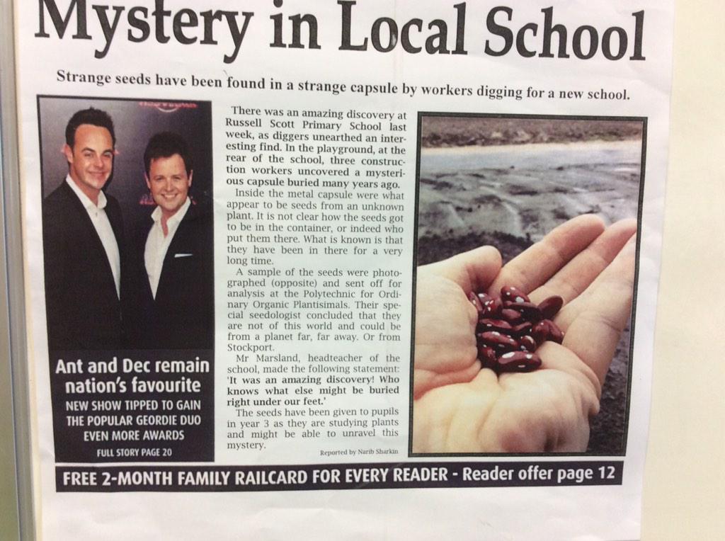 ClassHarkins's tweet photo. Our newspaper clip about found alien seeds. We are going to get so much literacy awesomeness out of this! @alanpeat http://t.co/etKKjtHOn6