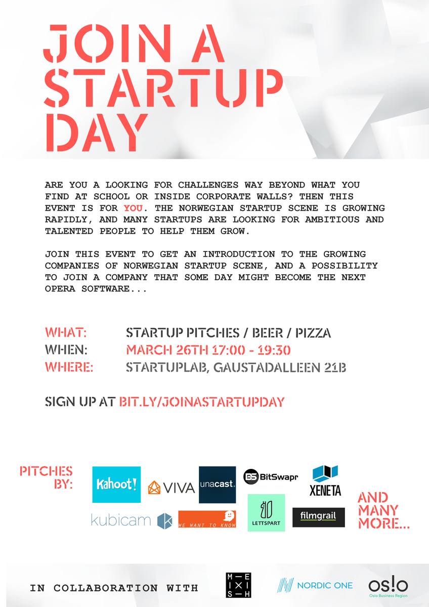 startuplabno's tweet photo. Keen on joining a fast-growing startup? Check out this upcoming event, and sign up here: http://t.co/plq2luwZ3G http://t.co/jU11x849Io