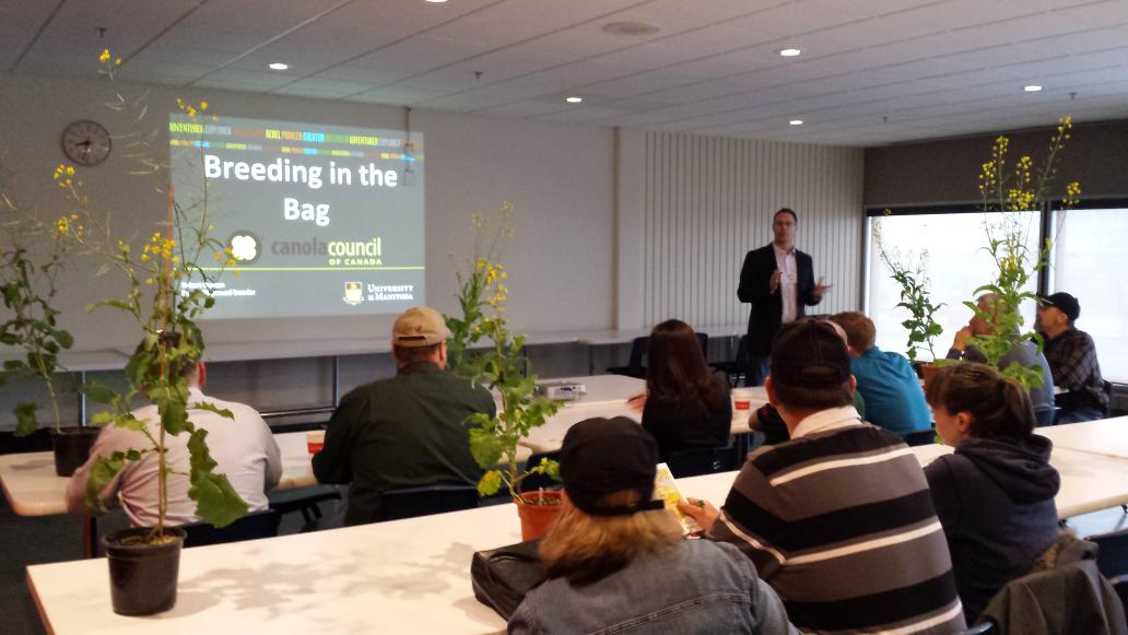CANTERRADuane's tweet photo. I'm listening to Dr. Rob Duncan talk about breeding hybrid canola at #canolab15 http://t.co/RHRQGav9rL