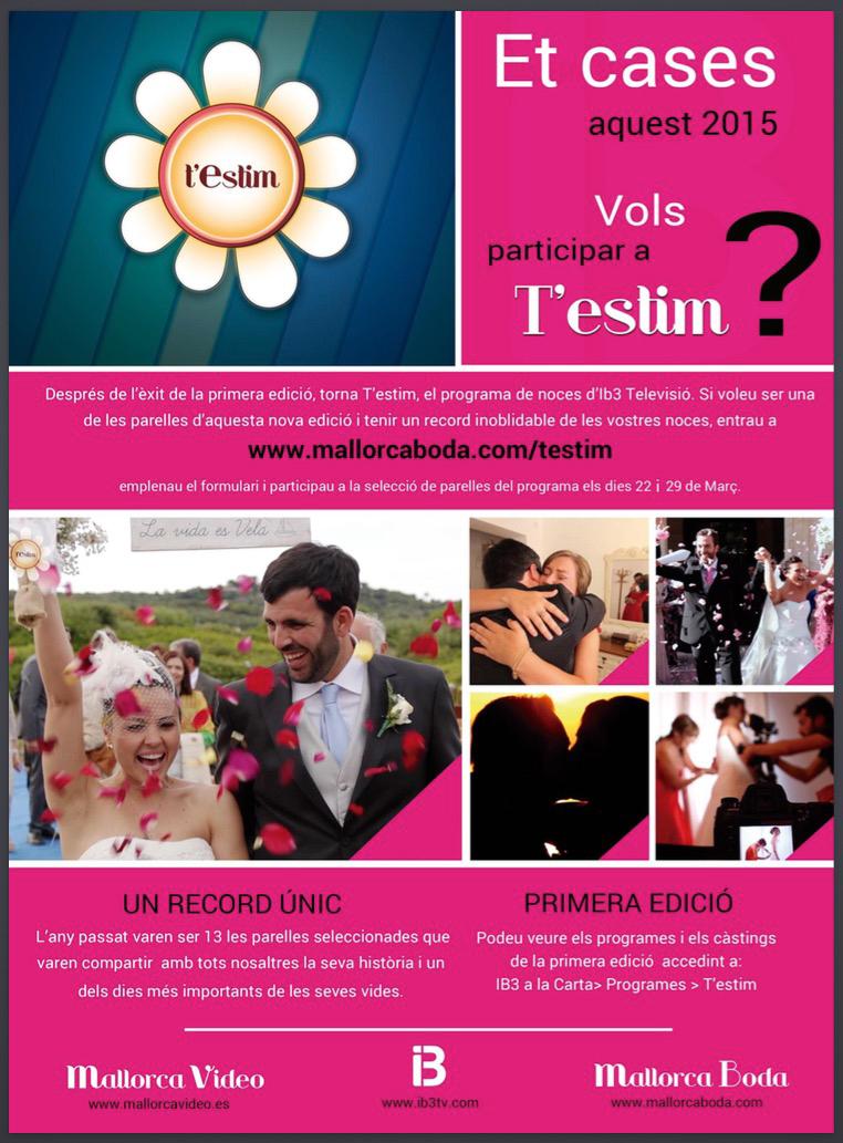 IB3's tweet image. Et cases aquest 2015? Comencen els càstings del programa #TestimIB3 els dies 22 i 29 de març. mallorcaboda.com/testim