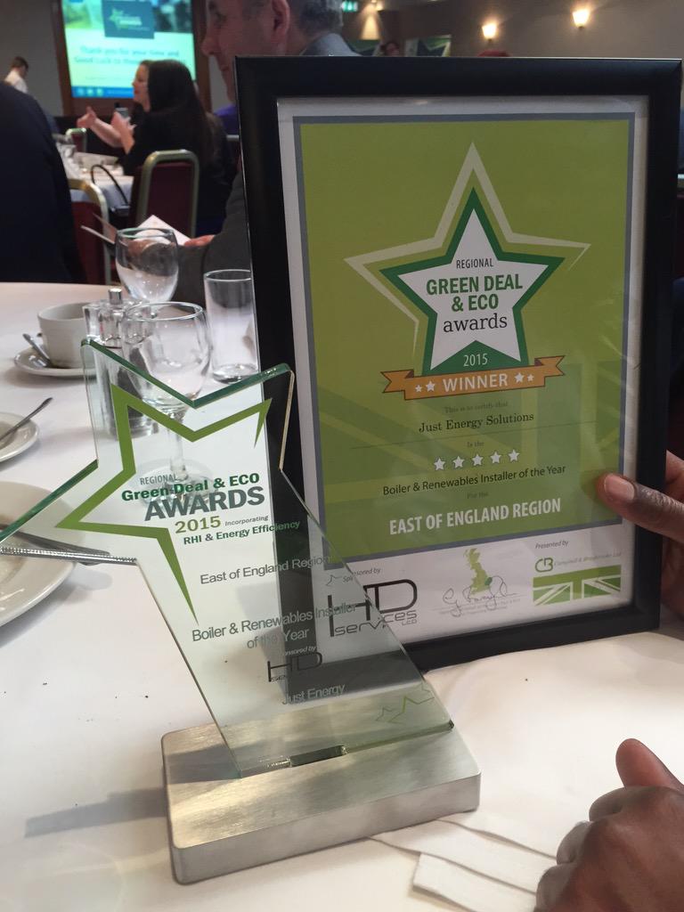 We won! Proud winners of Boiler &amp; Renewable Installer of the Year (East of England) @GreenDealAwards #heating #awards
