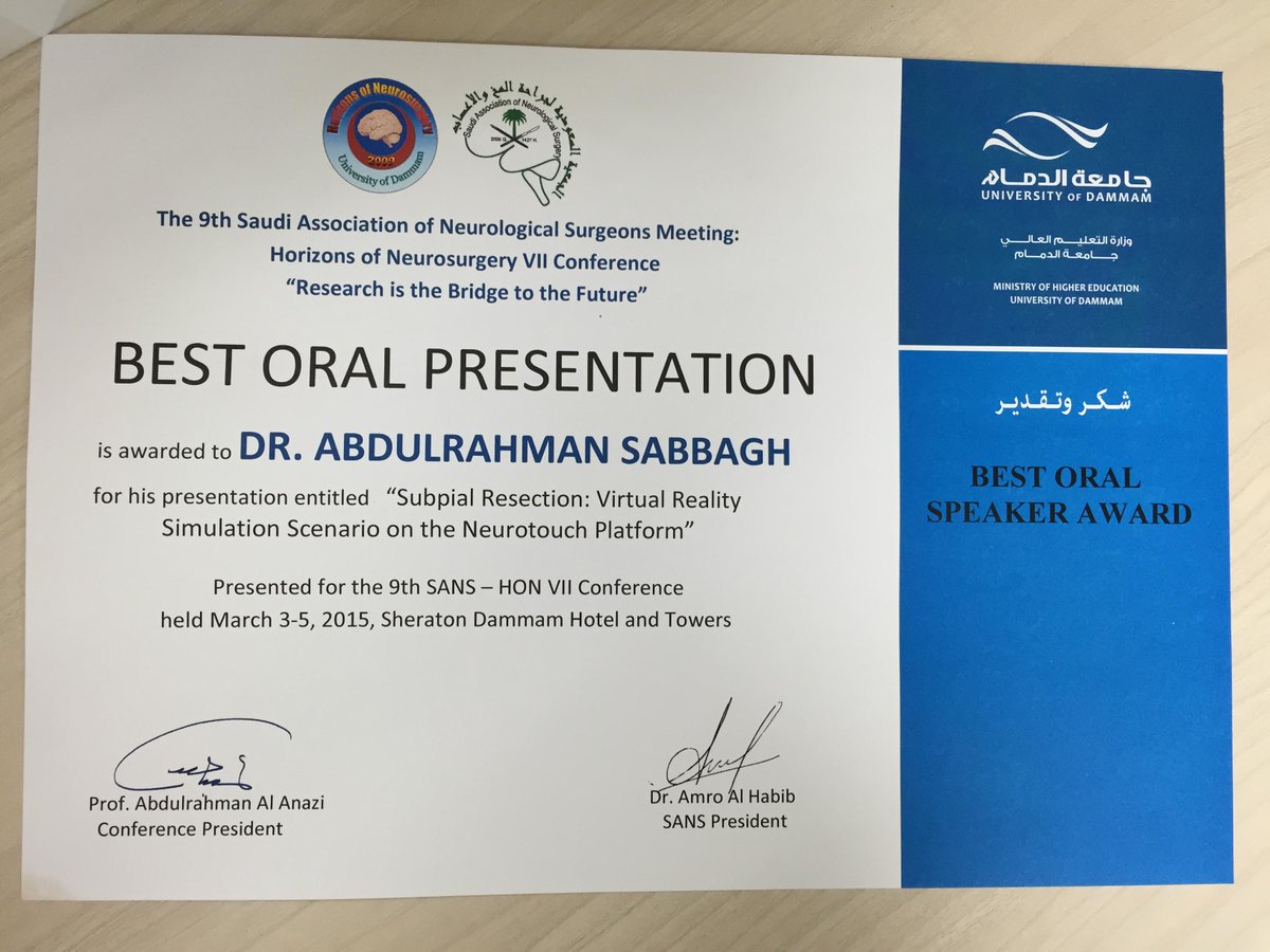 Dr. Sabbagh paper Subpial Resection:VR Simulation on the NeuroTouch Platform awarded  best presentation at SANS 2015.
