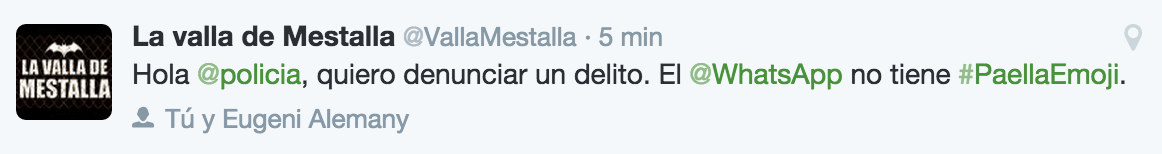 arrozlafallera's tweet photo. 2º Finalista: @VallaMestalla avisando sobre el delito del año, #PaellaEmoji necesita justicia (si te gusta, retuitea) http://t.co/AsJKCblT22
