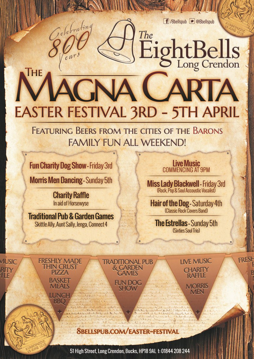 8bellspub's tweet photo. THE MAGNA CARTA EASTER FESTIVAL 3rd - 5th APRIL. More info http://t.co/6UhnjHL9fN or facebook/8bellspub http://t.co/WJosErHSLh
