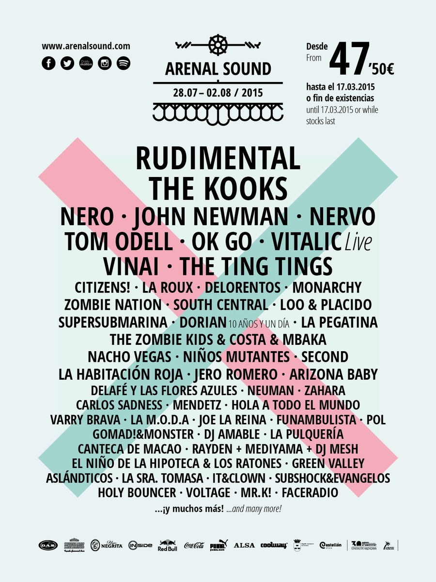 ArenalSound's tweet photo. Así queda el cartel de Arenal Sound tras la confirmación de Nervo @nervomusic. Próxima semana más confirmaciones! http://t.co/VD2TI9jIT2