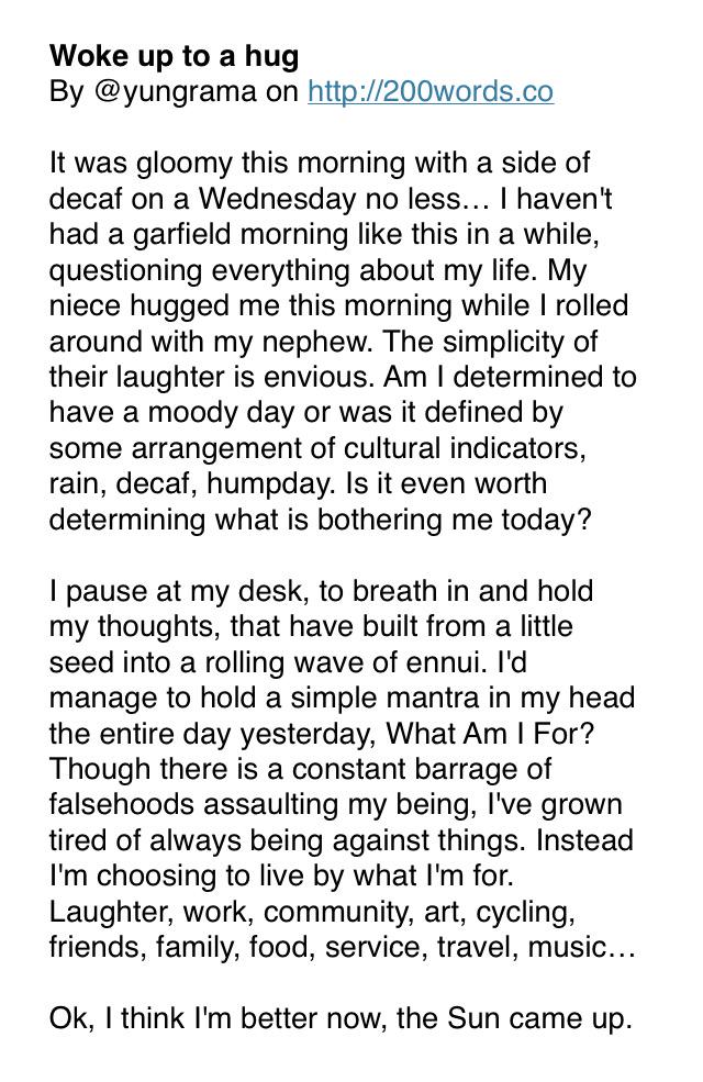 _200words's tweet photo. Woke up to a hug
By @yungrama on http://t.co/TXC2WdfuPO http://t.co/g495wjhd6y