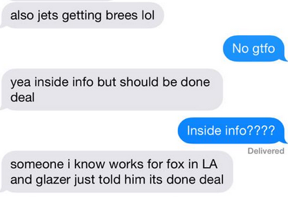 KFCBarstool's tweet photo. We've got #Sources, folks. #InsideInfo. Just had someone DM me this text convo. Basically a wrap, Brees to the Jets http://t.co/sNMdfkbqnb