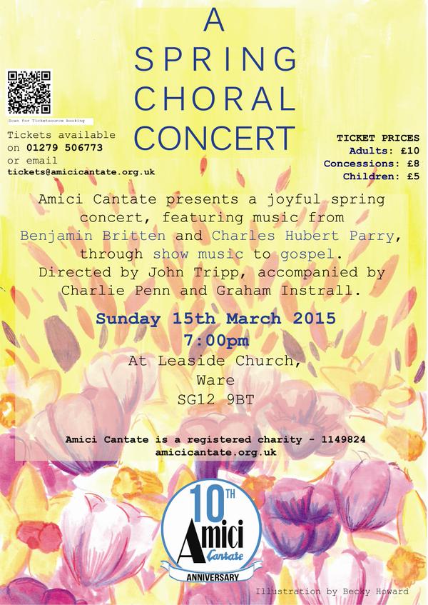 Don't miss <a href="/Amicichoir/">Amici Cantate</a> joyful Spring Concert! Gospel, show music, Britten, Parry 15 March 7pm Leaside Church Ware