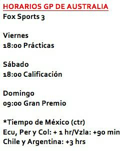 chacho_lml's tweet photo. Mientras tanto, horarios para el GP de Australia por @FOXSports_norte http://t.co/cszFlRLXqJ