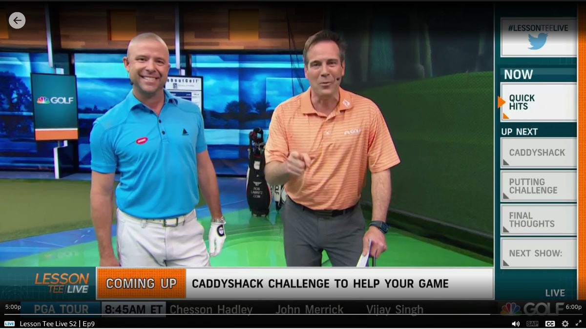 GAMEGOLF's tweet photo. Learning some valuable tips from #PGAPro Rob Labritz here on #LessonTeeLive now! What is that logo on his shirt? :) http://t.co/rD8sGemEN2