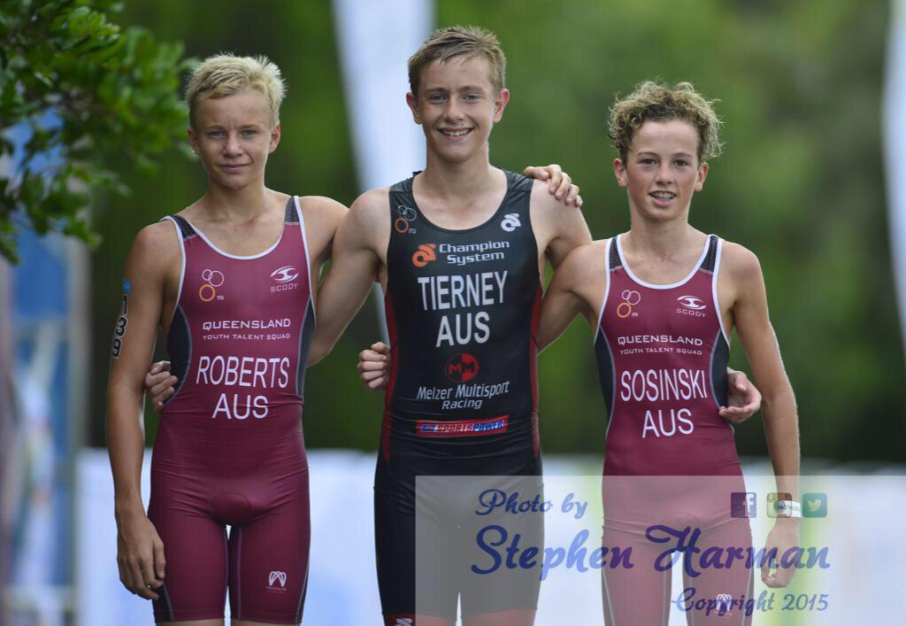 13&14yrs Male AUS Youth Tri Champs Podium 1st Sam Tierney SA, 2nd Lachlan Sosinski QLD, 3rd Ryan Roberts QLD #AYTC