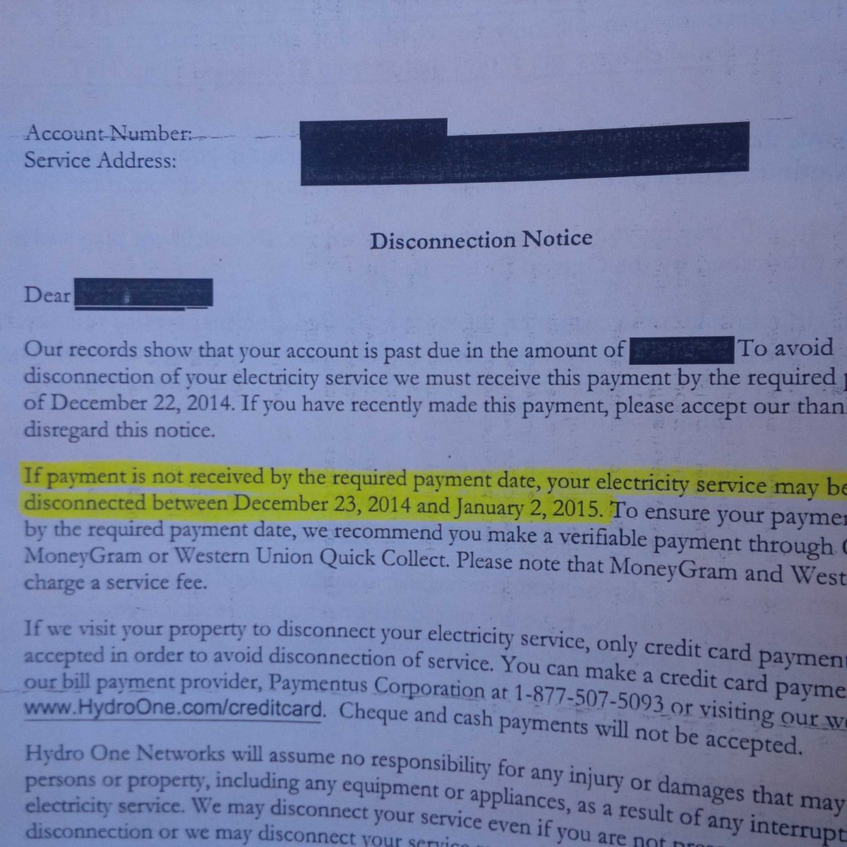 Kevin Misener On Twitter Example Of Disconnection Notice Sent By Hydro One It Clearly Makes It Appear Power Would Be Cut In The Winter Http T Co Yqzjgpwqpt
