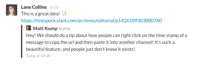 SlackHQ's tweet photo. Referencing an old idea? Or one in another channel? Easy! Copy the timestamp link and paste! Magic! 🎩💫🐰 #SlackTips http://t.co/06FBpc168F
