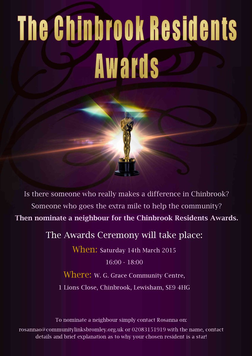 Reminder - Chinbrook Resident Awards Ceremony this Sat 14th Mar 4pm -6pm.
See attached for info