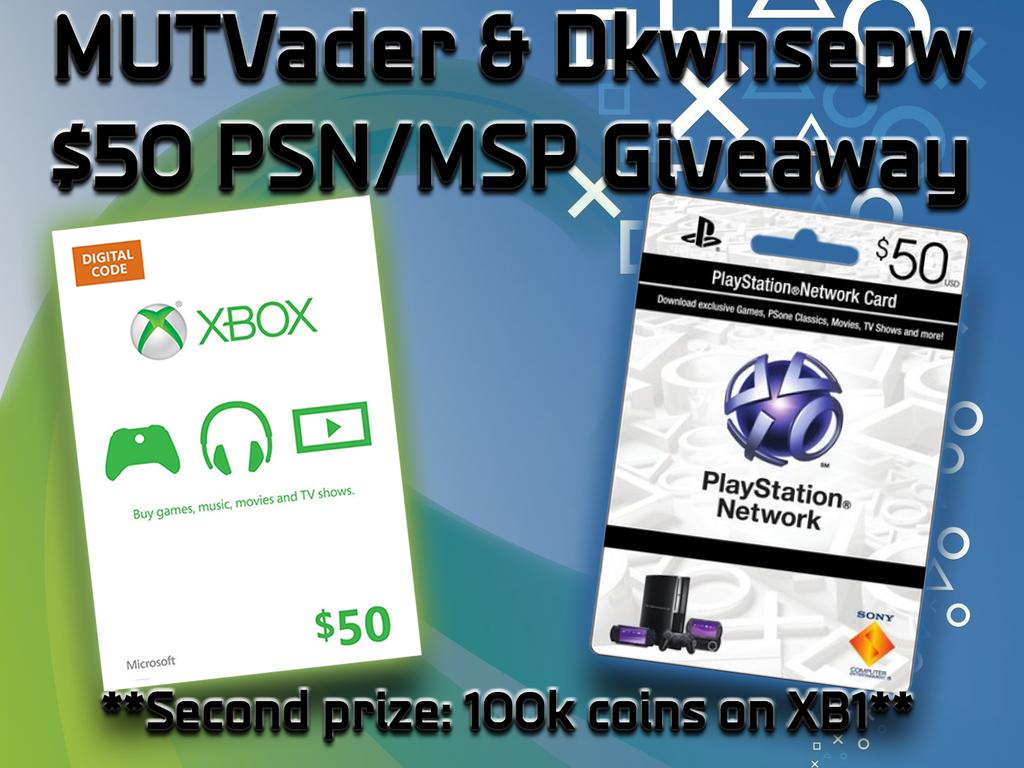 MUTVader's tweet image. Joint Giveaway! RT and follow @Dkwnsepw and me for a chance to win $50 MSP/PSN or 100k on XB1. 2 winners picked 3/19.