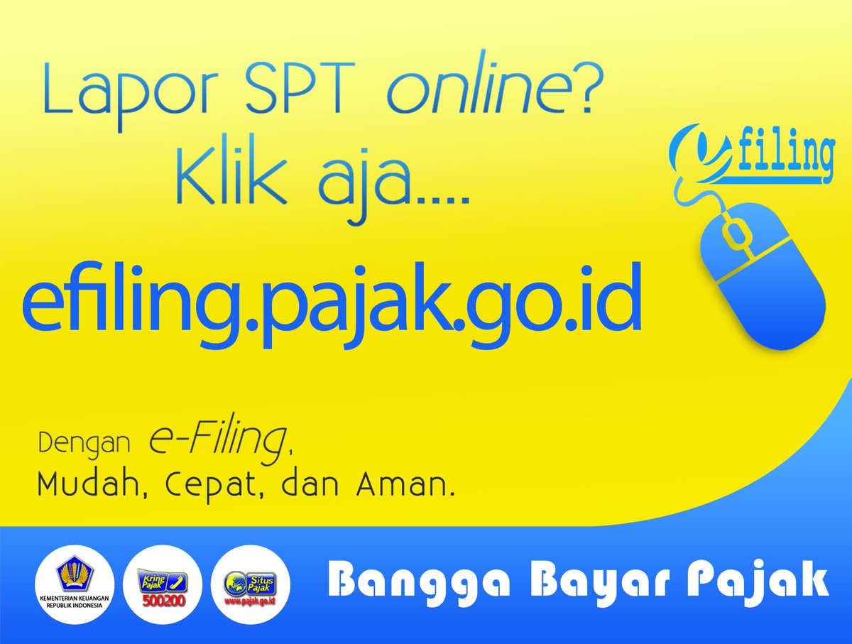 KemenkeuRI's tweet photo. Sampaikan SPT Anda melalui #eFiling. Mudah, Cepat, dan Aman! #BanggaBayarPajak @DitjenPajakRI http://t.co/5RLUfhUTrk