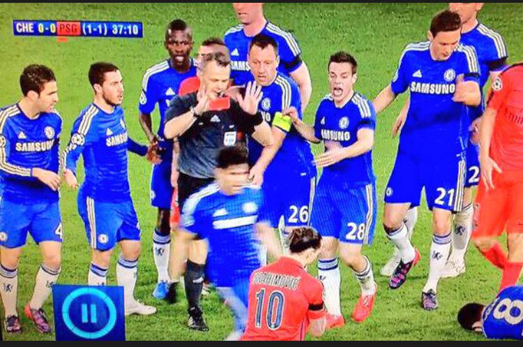 jcheach's tweet image. Seriously though how can all Chelsea's outfield players be surrounding the referee to send Ibra off #neveraredcard