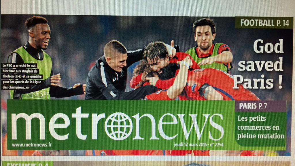 a2linefrancois's tweet image. God saved Paris! #CHELPSG en manchette de @metronews