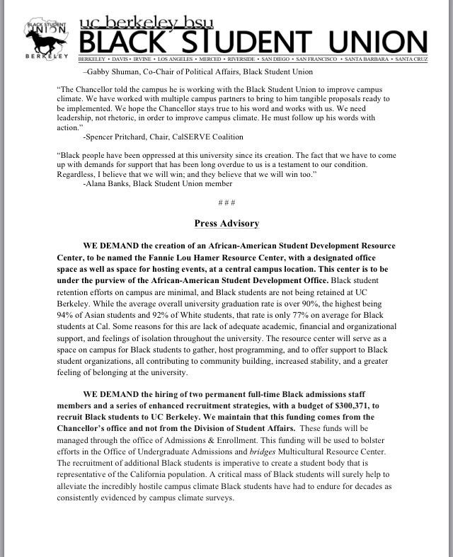 CalBSU's tweet photo. Our press release was response to @nickdirks lack of response. Read our DEMANDS. #wheresdirks #Ferguson2Cal http://t.co/aghn9q4QGN
