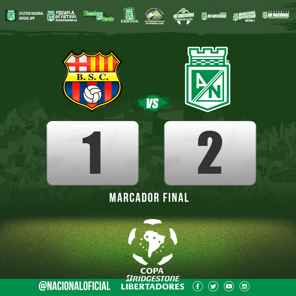 Termina el partido en el Monumental de Guayaquil. Barcelona Sporting Club 1 – 2 #AtléticoNacional #MiNacionalenvivo