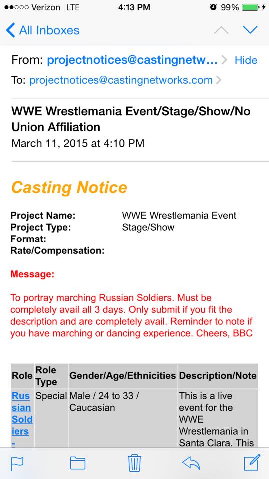 WWE planning special entrance for Rusev/Cena WM match. Casting Call B_3ccTdWQAAjSWn