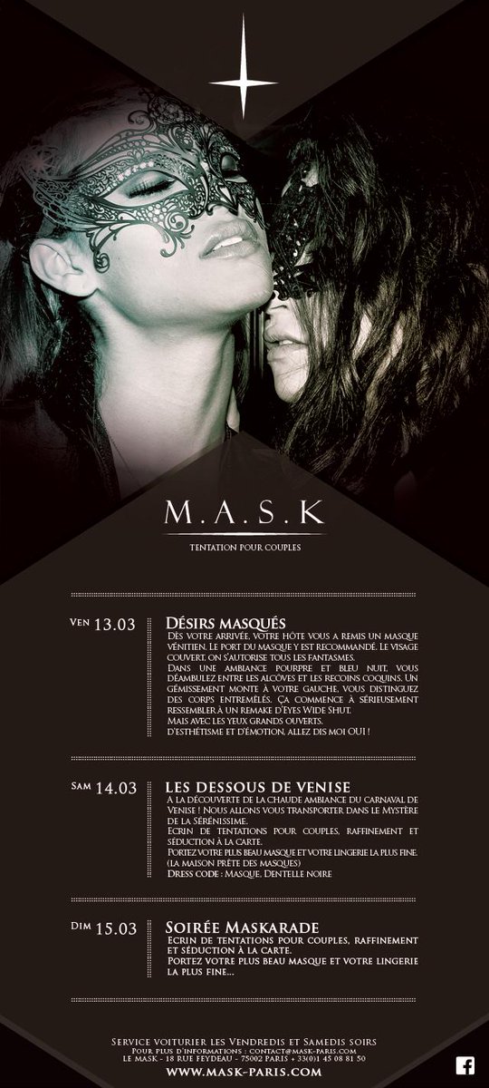 LeMaskParis's tweet photo. Rdv dès demain pour nos soirées spéciales du week-end...Baisers masqués http://t.co/wm1S6ArGad