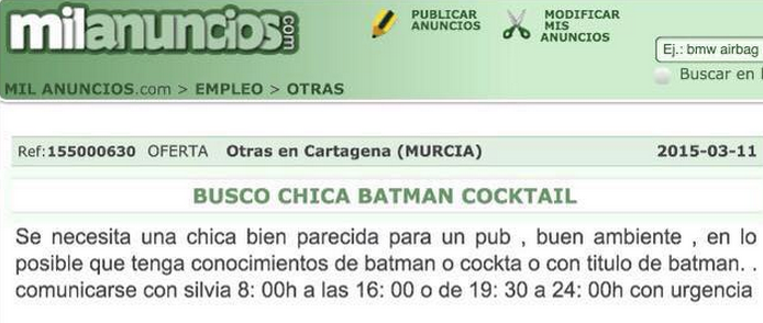JotDownSpain's tweet photo. Se busca chica con conocimientos o título de Batman #Empleo http://t.co/DZ6i4FgxQX
