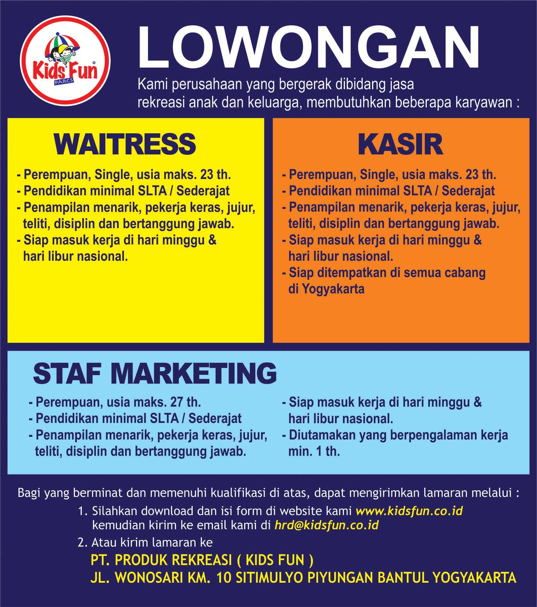Lowongan Kerja Kids Fun | Staff Marketing, Waiterss, Kasir |