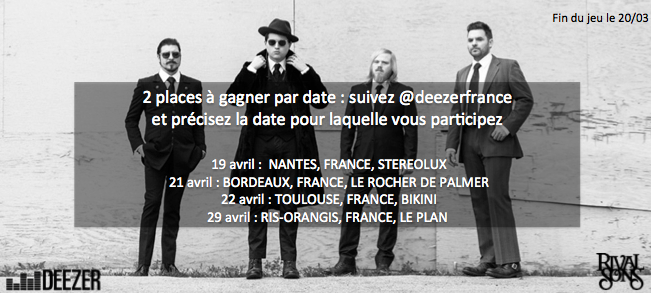 Gagnez vos places pour voir <a href="/rivalsons/">Rival Sons</a> ! Suivez-nous et répondez à ce tweet en précisant la date qui vous intéresse.