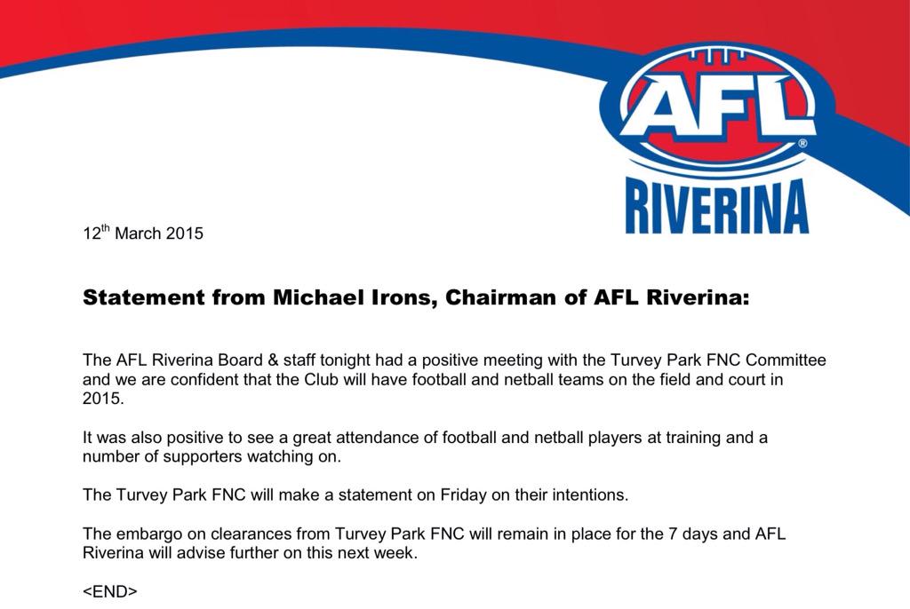 Positive meeting tonight between <a href="/AFLRiverina/">AFL Riverina</a> and <a href="/TPFNCBulldogs/">Turvey Park Bulldogs</a>