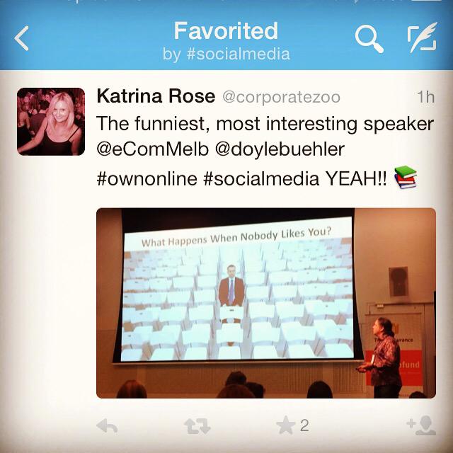 doylebuehler's tweet photo. The jury is out. "The funniest, most interesting speaker @ecommelb - thanks @corporatezoo - I'll send u that $50 :) http://t.co/ObAxzHSZYc
