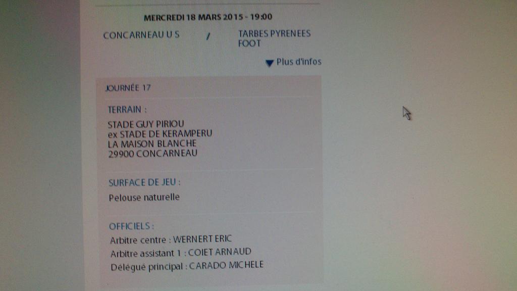 2nivergos's tweet photo. Finalement le match en retard @USConcarneau - @TarbesPyreneesF se jouera à 19h et non 20h mercredi prochain #CFA http://t.co/mxPC6diqkA