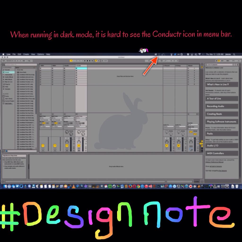 DirtyDirtyWrong's tweet image. @C0NDUCTR here's a quick #DesignNote when running OSX in dark mode it's hard to see #Conductr menu bar icon.