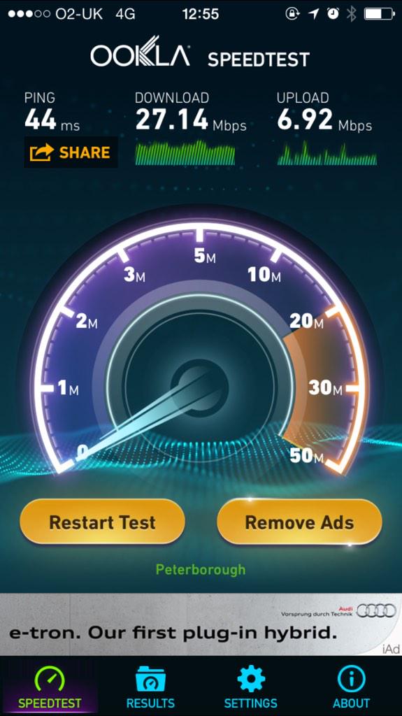 Yes2Fibre's tweet photo. 4g test in Orton Southgate. Bit better than 5mbps wired broadband http://t.co/jsg1HGjc2Z