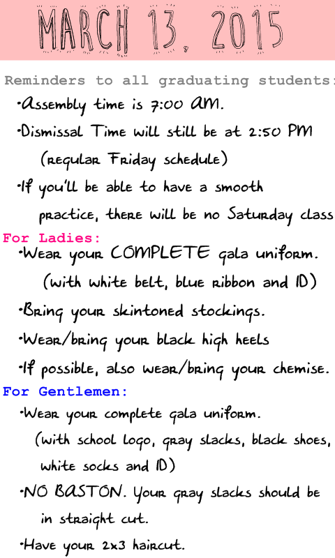 SMABatch2015's tweet photo. Reminders for tomorrow. Seniors, please take note. http://t.co/eHtBPL6kLq