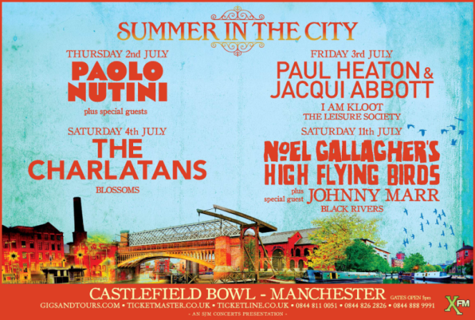 NoelGallagher's tweet photo. Noel Gallagher's HFB will be headlining Summer In The City at Castlefield Bowl in Manchester Saturday 11th July! http://t.co/YtAkiC7FVM