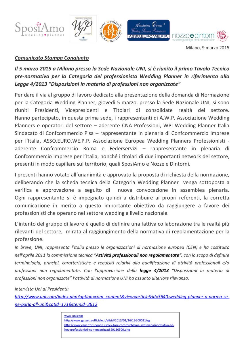 UnioneWPI's tweet photo. Insieme per il raggiungimento  della #normativa di regolamentazione per la #professione  #WeddingPlanner http://t.co/Vc8QZvTuoH