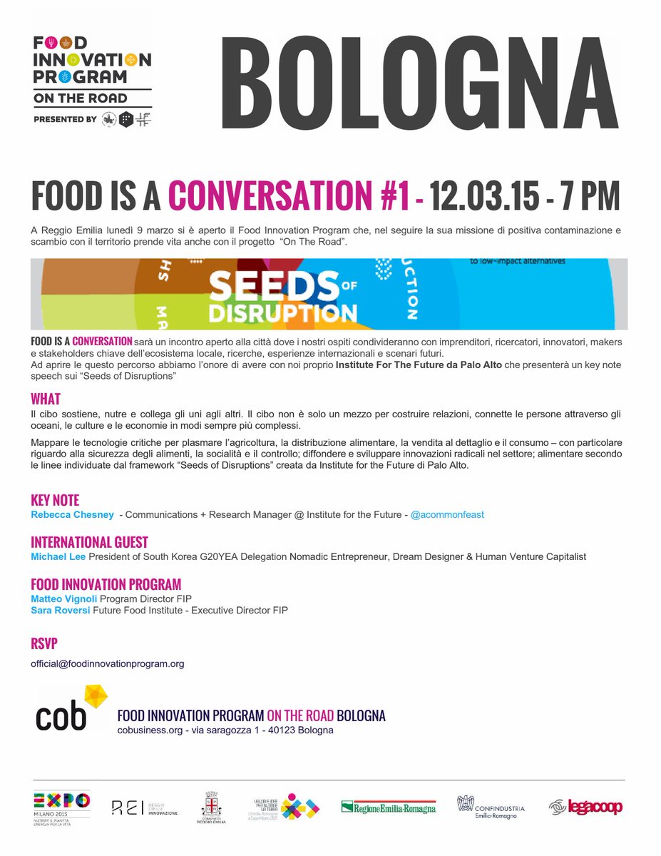 Ffoodinstitute's tweet photo. FOOD IS A CONVERSATION parte domani a #Bologna! Il #FoodInnovationProgram on the road comincia qui... @RegioneER http://t.co/kgzl6eFYb7