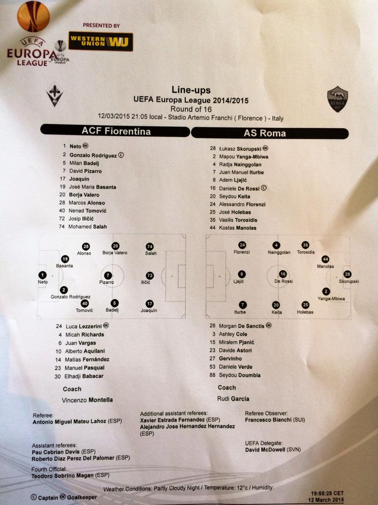 OfficialASRoma's tweet photo. La distinta con le formazioni ufficiali di #FiorentinaRoma #UEL @EuropaLeague http://t.co/YOZm3jZEif