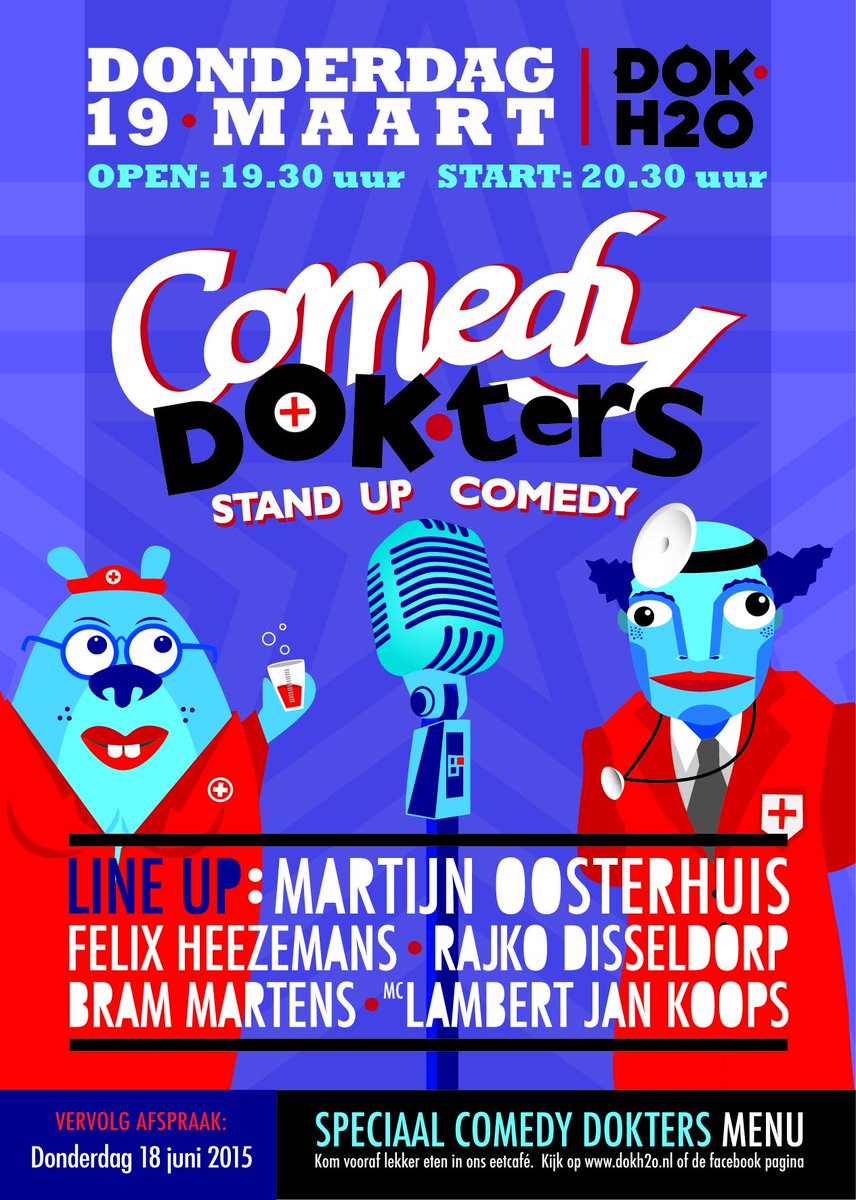 Volgende week donderdag <a href="/Dokh2o/">DOK H2O</a> met: 
<a href="/o_martijn/">Martijn</a>
<a href="/Bramedy/">Bram Martens</a> 
<a href="/lambertjankoops/">Lambert-Jan Koops</a>
#FelixHeezemans 
#RajkoDisseldorp