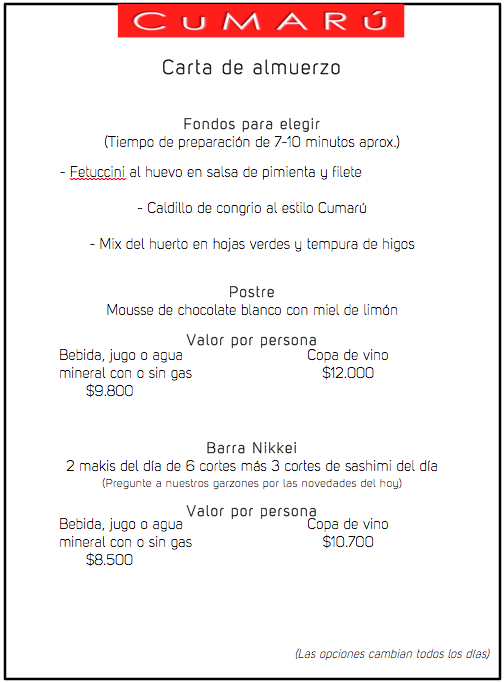 CumaruResto's tweet photo. Nueva carta de almuerzo en cúmaru! Rápida y rica! te dejamos la de hoy jueves 12 de marzo. http://t.co/XdfKZ3bRds